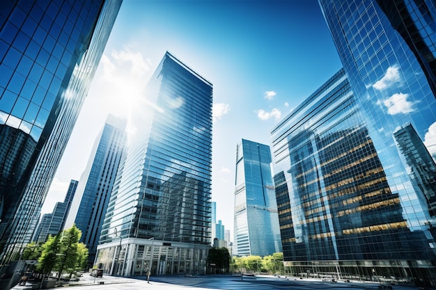 Edificios altos en una ciudad con un cielo azul y nubes generativas ai