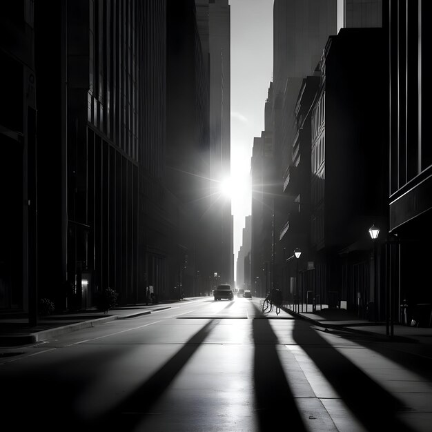 edifícios altos em ambos os lados da rua e contraste acentuado entre sombras escuras