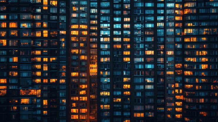 Los edificios de apartamentos de la ciudad iluminan las ventanas por la noche