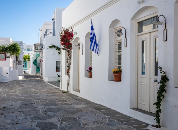 Edifícios brancos, beco de paralelepípedos, fundo na ilha de Sifnos, Grécia