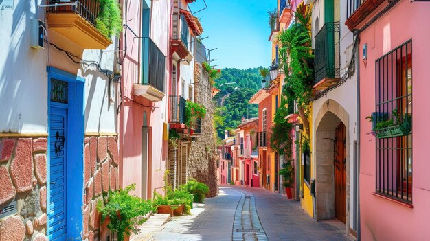 Edificios brillantes en una calle estrecha de una ciudad española en un día soleado