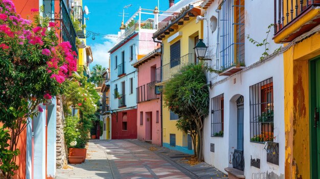 Edificios brillantes en una calle estrecha de una ciudad española en un día soleado