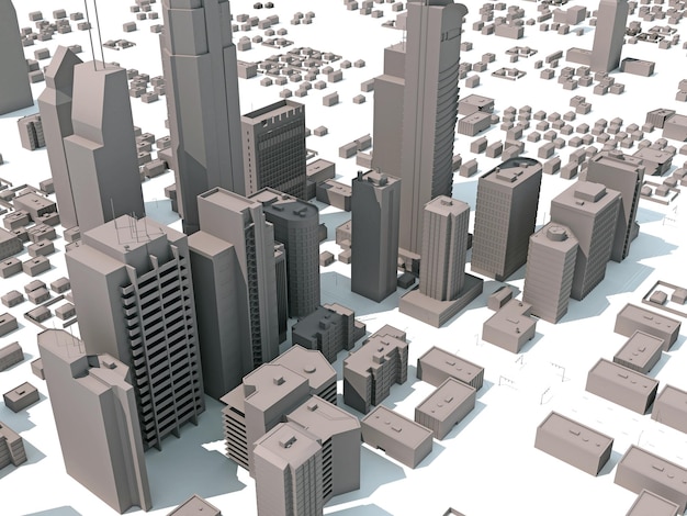 Edificios de la ciudad renderización 3D en fondo blanco
