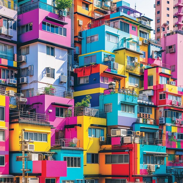 Edificios de colores brillantes en una ciudad con balcones y balcones generativos ai.