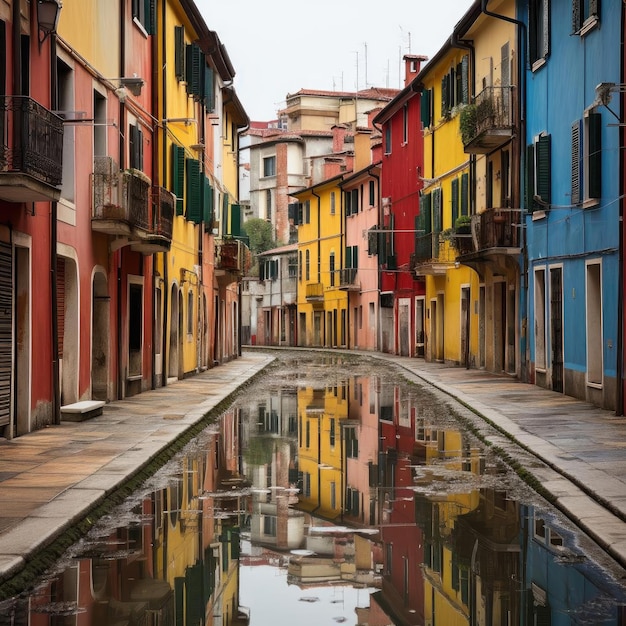 Edifícios coloridos em um beco estreito em Veneza, Itália