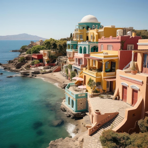 Edificios coloridos con vistas al océano en Creta