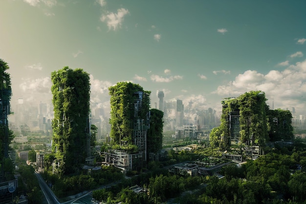 Edificios cubiertos de plantas en Green Utopia Futuristic City 3D Art Illustration