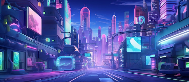 Foto edifícios da cidade em estilo de desenho animado com luz de néon