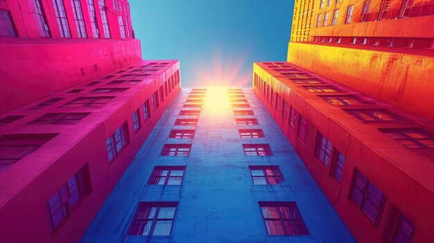 Foto edifícios de arquitetura surrealista luz do sol contra o fundo banner hd