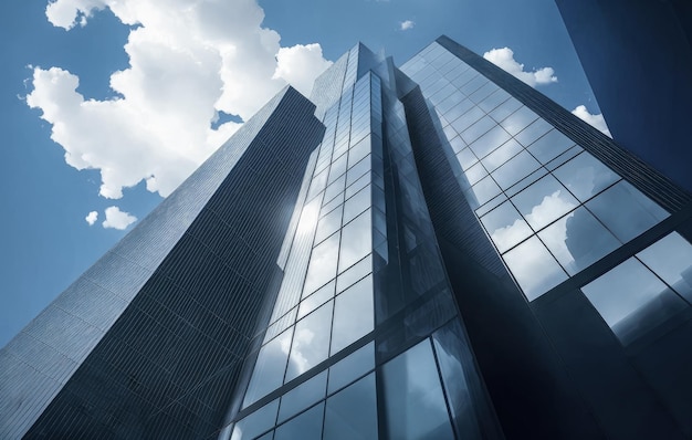 Edifícios de escritórios de negócios de arranha-céus refletores Fotografia de ângulo baixo de paredes de cortina de vidro detalhes de edifícios altos O vidro da janela reflete o céu azul e as nuvens brancas IA gerativa