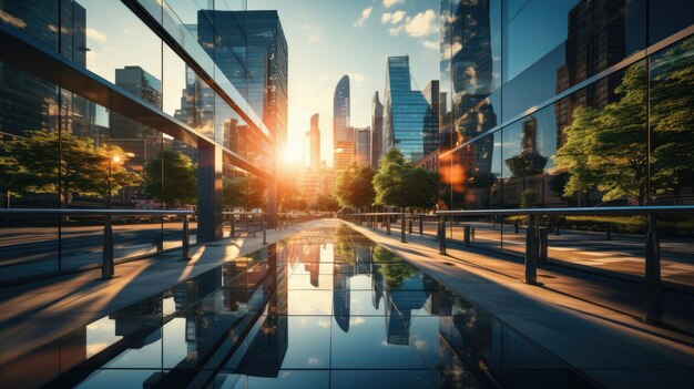 edifícios de escritórios modernos com grandes janelas reflexivas sob a luz solar suave