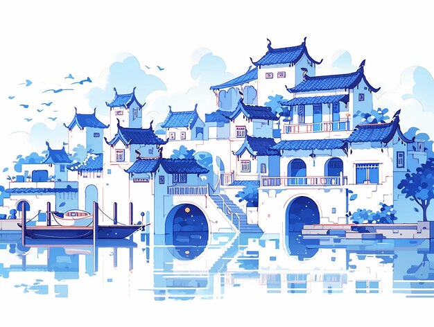 Edifícios de estilo chinês em branco da Cidade da Água de Jiangnan