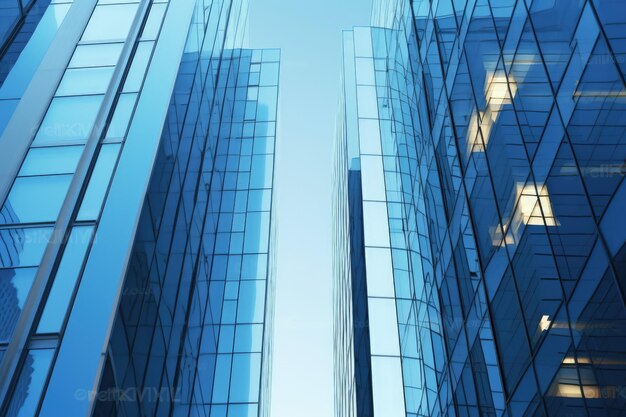 Edifícios de vidro azul e janelas com visão de baixo para cima IA generativa