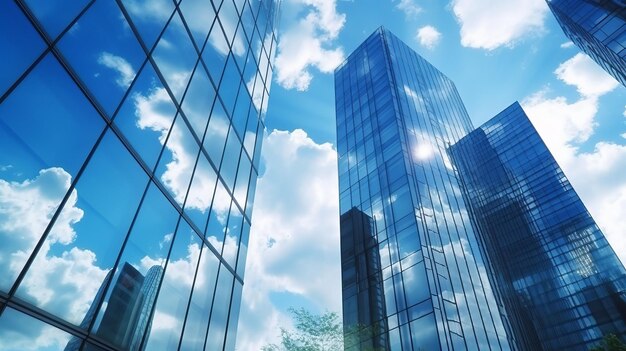 Edifícios de vidro com fundo de céu azul nublado