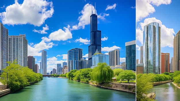 Edifícios de vidro modernos do arranha-céu da beira-mar da cidade de Chicago dos EUA