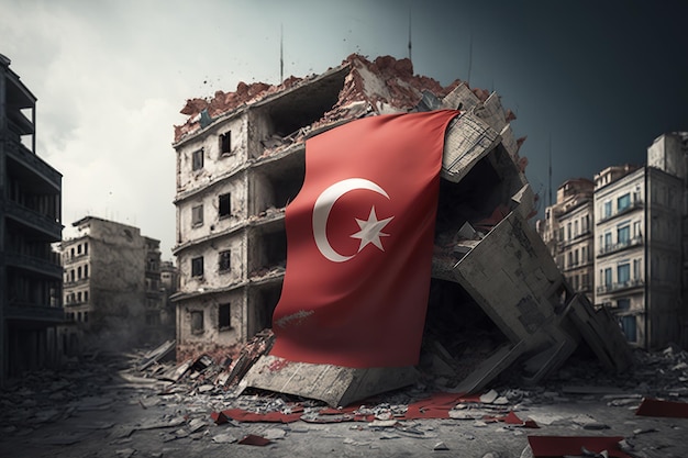 Edificios destruidos arruinados con la bandera turca en él