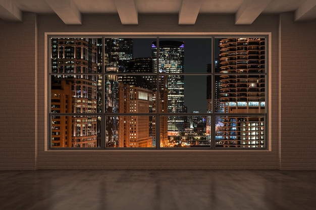 Edifícios do horizonte da cidade de chicago da janela de arranha-céus belos imóveis caros com vista para o quarto de epmty arranha-céus interiores vista na paisagem urbana de cobertura à noite renderização em 3d