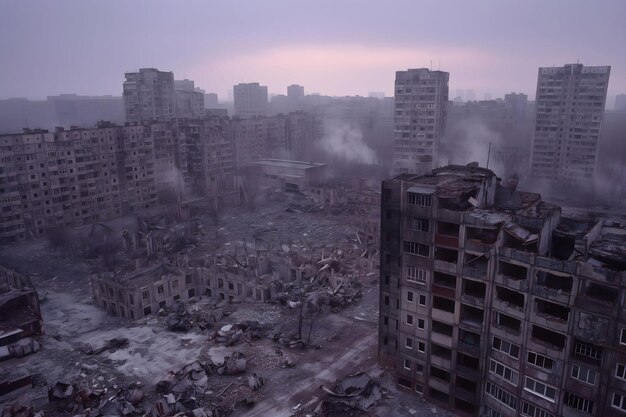 Foto edifícios em ruínas cidade destruída após terremoto cataclismo catástrofe pós-guerra cena apocalíptica