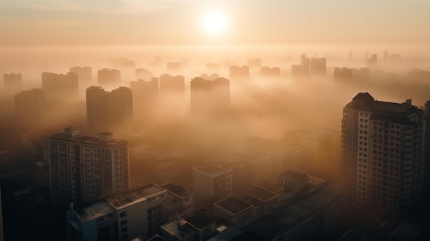 edifícios em silhueta de manhã cedo e conceito de poluição do dia nebuloso do nascer do sol da paisagem urbana em fumaça