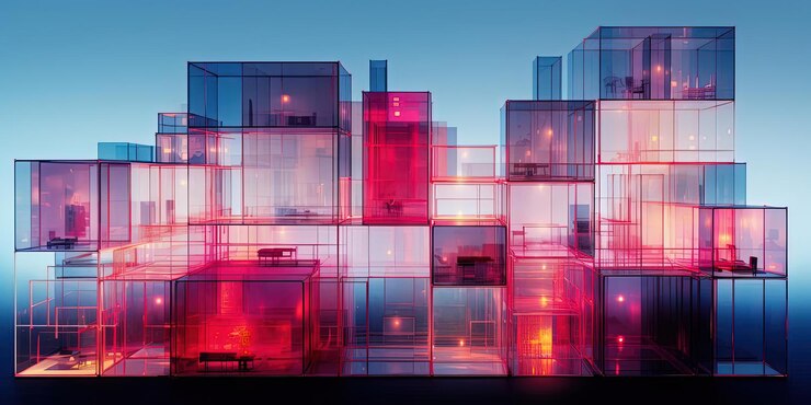 Foto edificios enmarcados en acrílico y luz rosa brillante en el estilo de formas modulares gráficas
