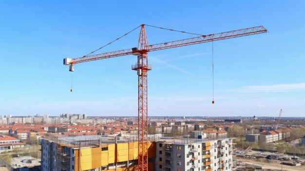 Edificios y equipos de torre en construcción.