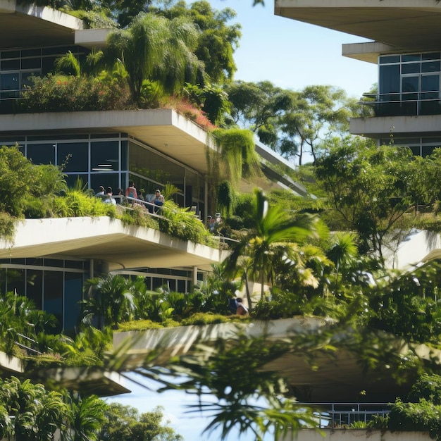Edificios con frondosos árboles verdes que representan una arquitectura sostenible en mosaico