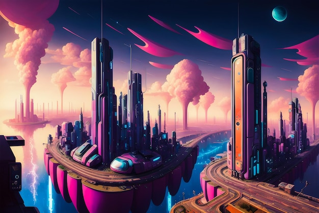 Edifícios futuristas da cidade Ilustração de arte moderna Funky Cyberpunk Generative AI