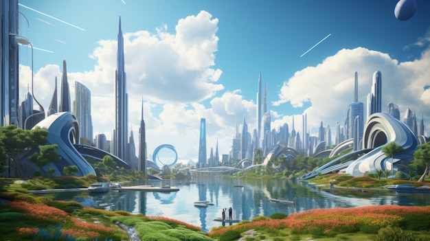 edificios del futuro fantástico día brillante