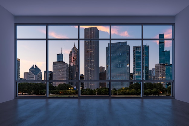 Foto edificios del horizonte de la ciudad de chicago del centro desde la ventana de gran altura hermosas propiedades inmobiliarias caras con vistas a la habitación epmty rascacielos interiores vista en penthouse cityscape sunset 3d renderizado