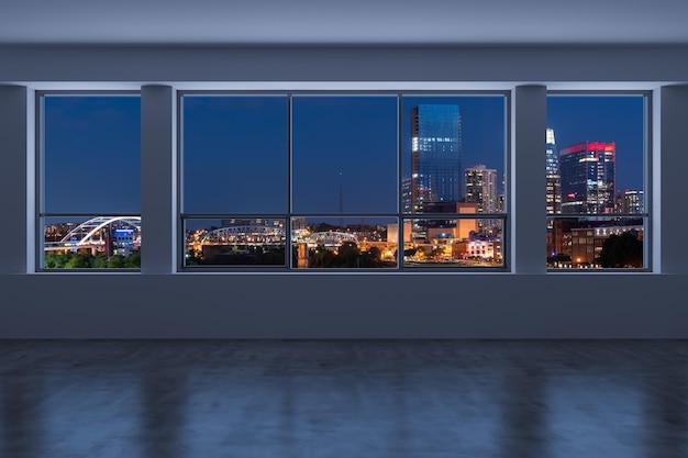 Edificios del horizonte de la ciudad de Nashville en el centro de la ventana de gran altura Hermosas propiedades inmobiliarias caras con vistas a la habitación de Epmty Rascacielos interiores Vista del paisaje urbano Noche Tennessee Representación 3d
