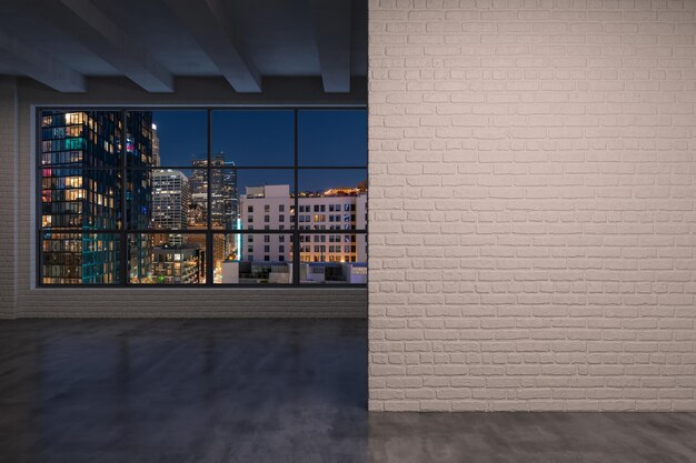 Edificios del horizonte de la ciudad de Los Ángeles del centro de la ventana de gran altura Hermosas propiedades inmobiliarias caras con vistas a la habitación vacía Pared de maqueta interior Rascacielos Noche California Representación 3d