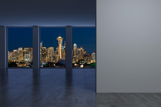 Edificios del horizonte de la ciudad de Seattle del centro de la ventana de gran altura Hermosas propiedades inmobiliarias caras con vistas a la habitación vacía Pared de maqueta interior Rascacielos Paisaje urbano Noche EE.UU. Representación 3d