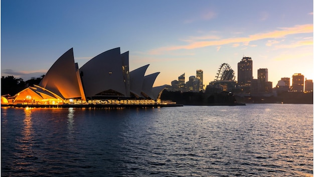 Edifícios icônicos do mundo Ópera de Sydney com pôr do sol
