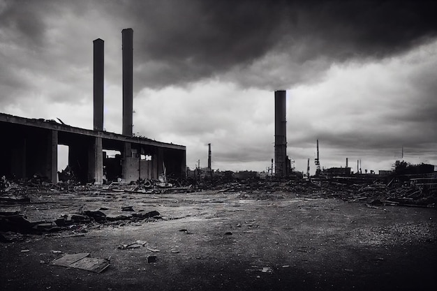 Edifícios industriais destruídos contra o céu em tons de cinza preto