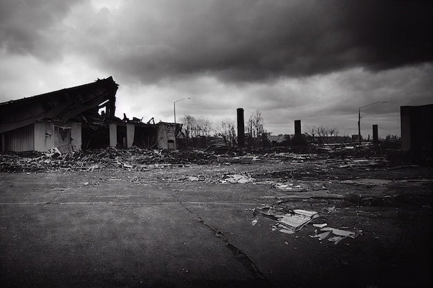 Edifícios industriais destruídos contra o céu em tons de cinza preto