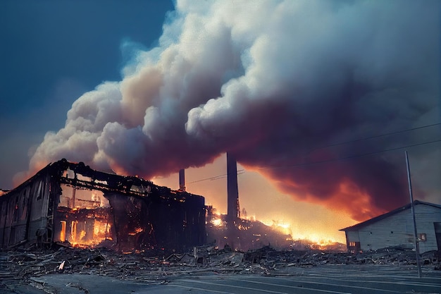 Edificios industriales destruidos e incendios en ruinas de casas