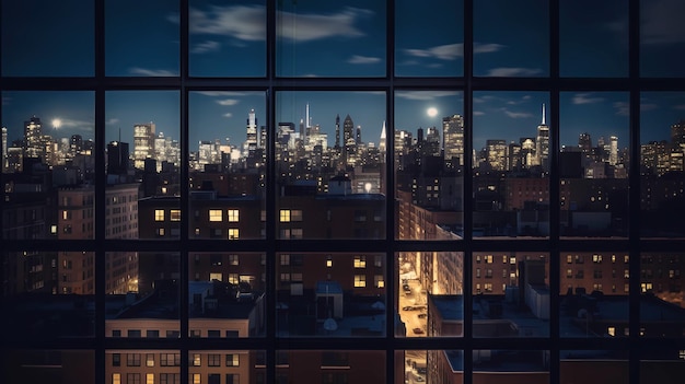 edifícios modernos à noite, panorama da cidade de Nova York à noite, vista das janelas, luz desfocada