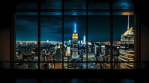 edifícios modernos à noite, panorama da cidade de Nova York à noite vista das janelas