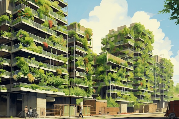 Edifícios modernos adornados com jardins verticais e fazendas urbanas