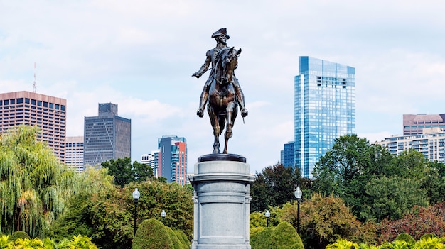 Edificios modernos y flores en el parque de la ciudad de Boston