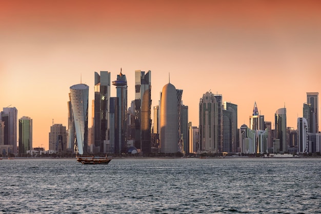 Edifícios modernos na cidade contra o céu durante o pôr do sol