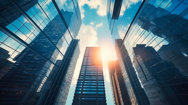 Edificios de oficinas de negocios de rascacielos reflectantes Vista de abajo hacia arriba del paisaje urbano de una gran ciudad moderna IA generativa