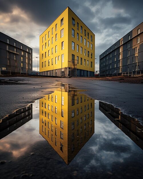 edificios reflejados en el charco tras la lluvia