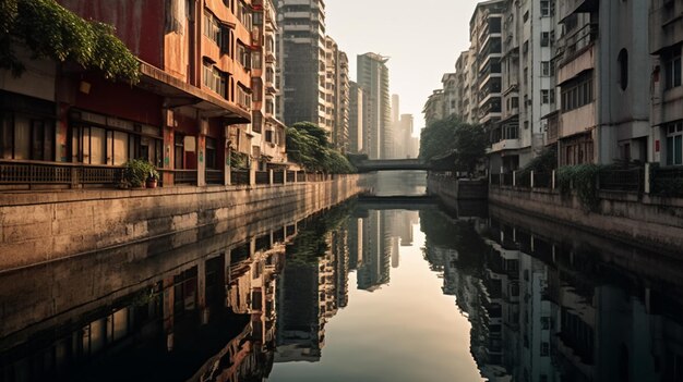 Foto los edificios se reflejan en el agua de un canal en una ciudad generativa ai