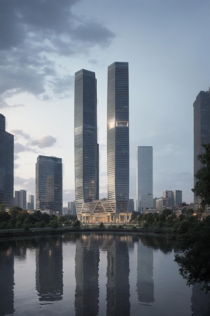 Foto los edificios se reflejan en el agua de un río en una ciudad