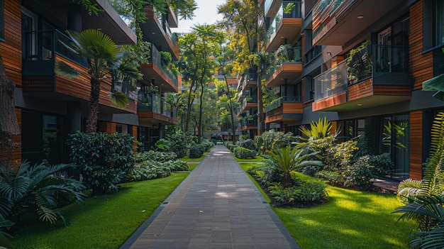 Edificios residenciales modernos en la zona verde pública Casas de apartamentos en Europa Inmobiliaria milanesa en verano Área de paseo con árboles y hierba