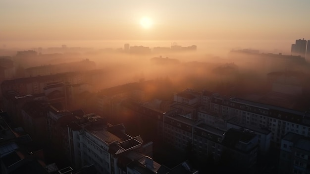 edificios silueteados temprano en la mañana y concepto de contaminación del día brumoso del amanecer del paisaje urbano en humo