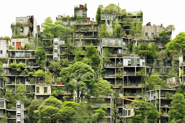 Edifícios urbanos na selva entre árvores