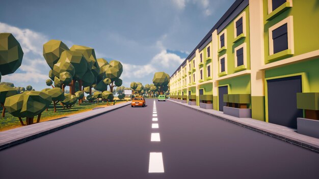 Edificios verdes en la calle con coche y carretera un paisaje de ciudad virtual en representación 3D de polígono bajo