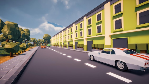 Edificios verdes en la calle con coche y carretera un paisaje de ciudad virtual en representación 3D de polígono bajo